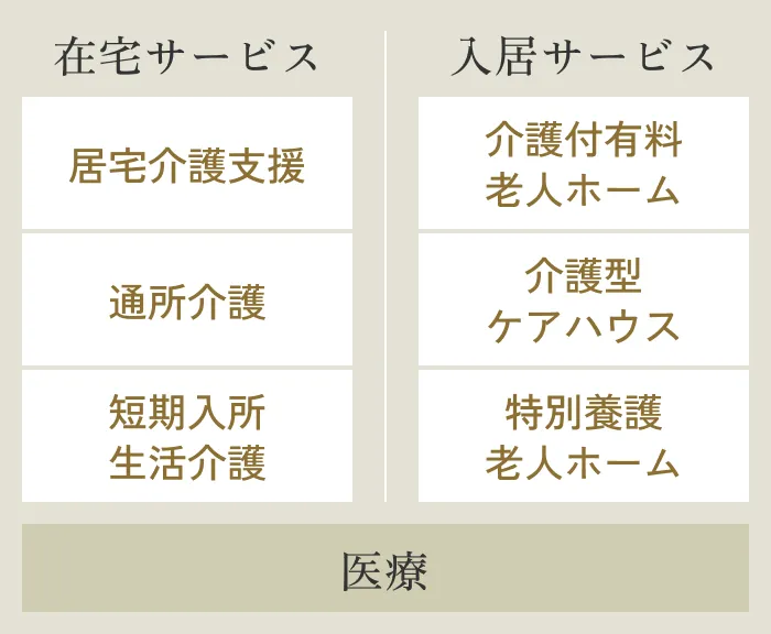 在宅サービス：居宅介護支援、通所介護、短期入所生活介護／入居サービス：介護付有料老人ホーム、介護型ケアハウス、特別養護老人ホーム